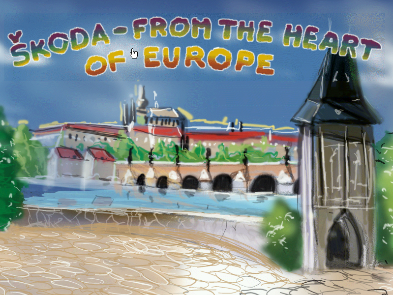 Screenshot from the game containing the text 'From the heart of Europe', with a panorama of Prague Castle in the background